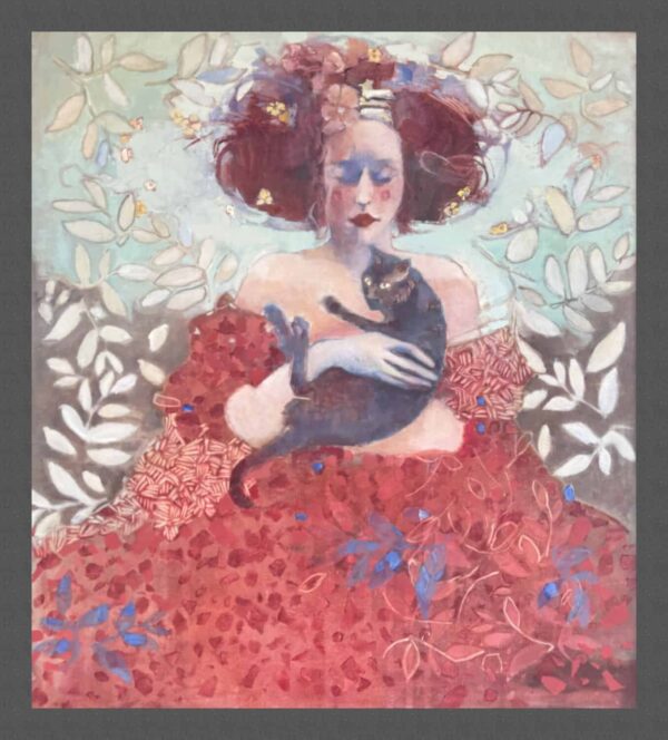 duży obraz kobieta czerwona suknia kot